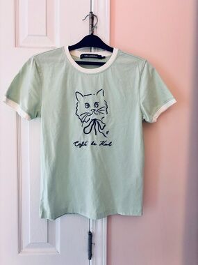 Karl Lagerfeld Mint Cat Graphic Tee with White Trim